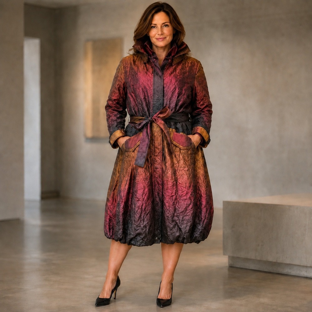 Samuel Dong Bubble Hem Coat XL Bronze Burgundy Iridescent Belted Avant Garde NWT